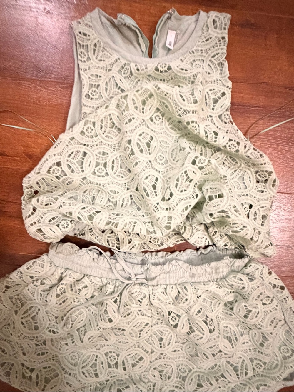 Lace Cropped Tank Top in Light Sage short set  - Women